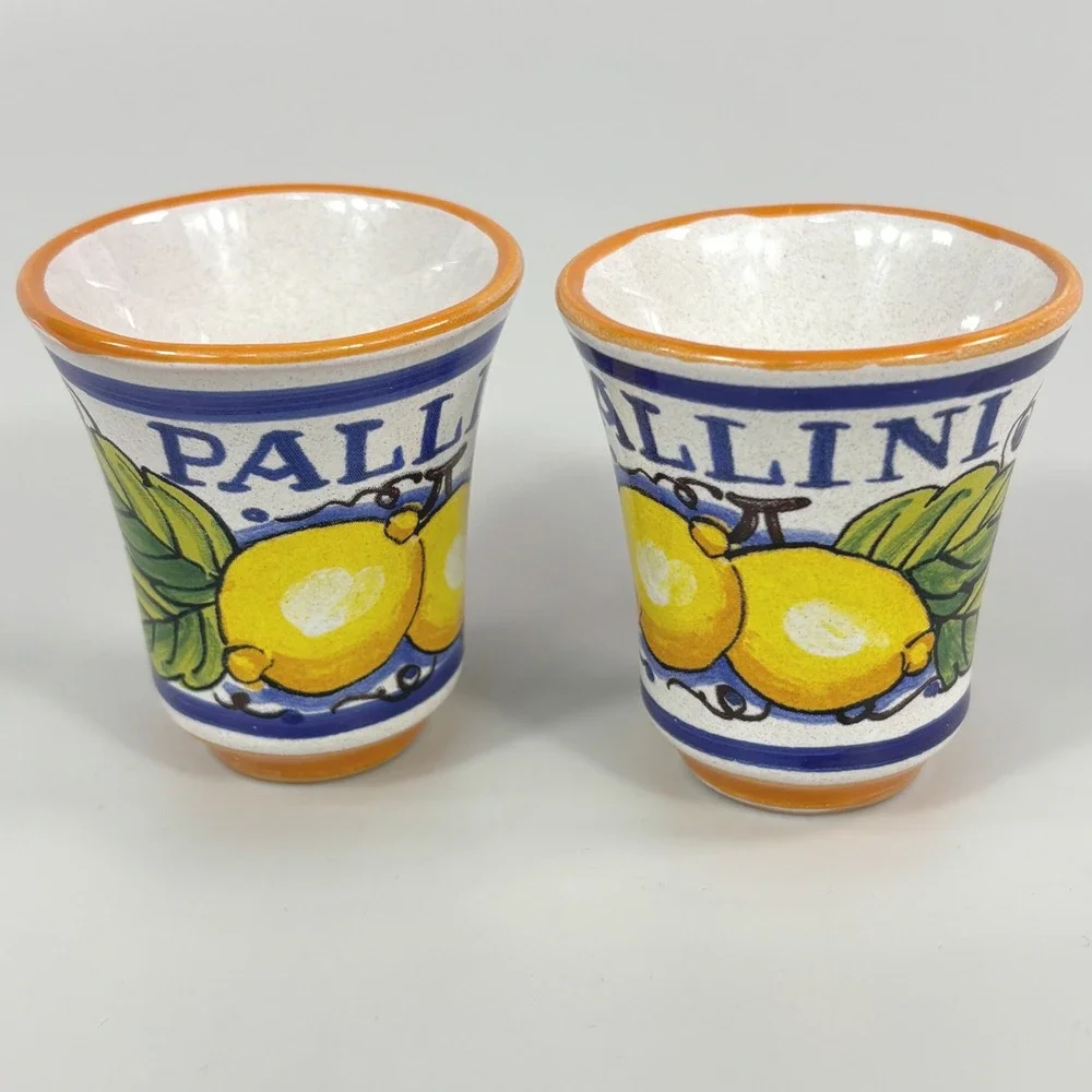 Deruta Italy Pallini Limoncello Shot Glasses Set of 2 Hand Painted Lemon Ceramic